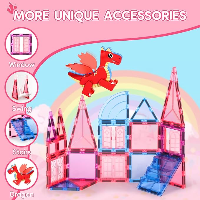 VANLINNY Magnetic Tiles for Kids 3-5 4-8, Movable Dragon Toys for Boys and Girls, 36-Piece Castle Magnet Toy, Creative Magnetic Construction Building Set for Classroom Preschool, Xmas Birthday Gift
