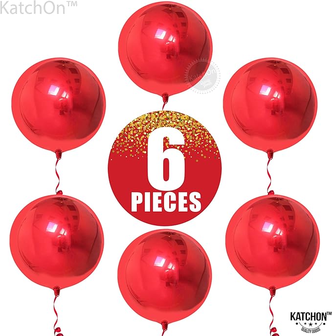 KatchOn, Red Balloons - Big 22 Inch, Pack of 6 | 4D Sphere Red Foil Balloons for Red Party Decorations | Metallic Balloons for Carnival, Casino Theme Party | Graduation Decorations 2026, Birthday