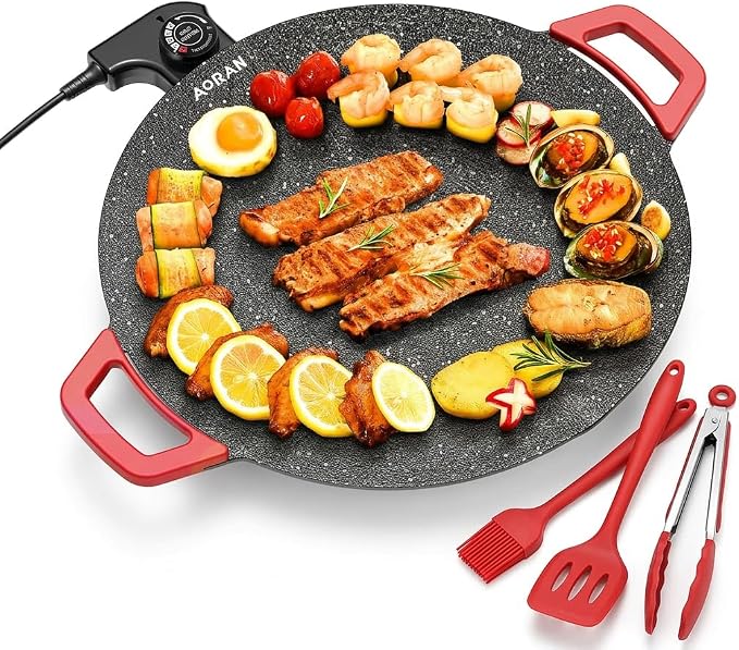 AORAN Indoor Grill Electric Smokeless Set – Nonstick Electric Griddle for Indoor Use, Compact & Versatile Cooking for Steaks, Pancakes & BBQ, Includes Silicone Spatula, Oil Brush & Food Tongs