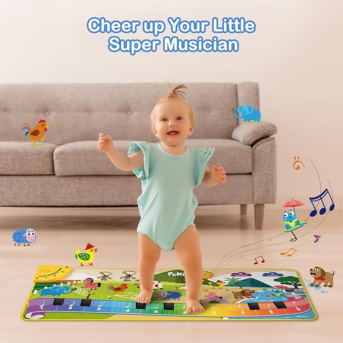 FOKI Toddler Toys Floor Piano Mat with 61 Animal Music Sounds, Baby Kid Sensory Educational Dancing Musical Keyboard Carpet Toy, Record Playback, for 1 to 5 Years Old Boy and Girl