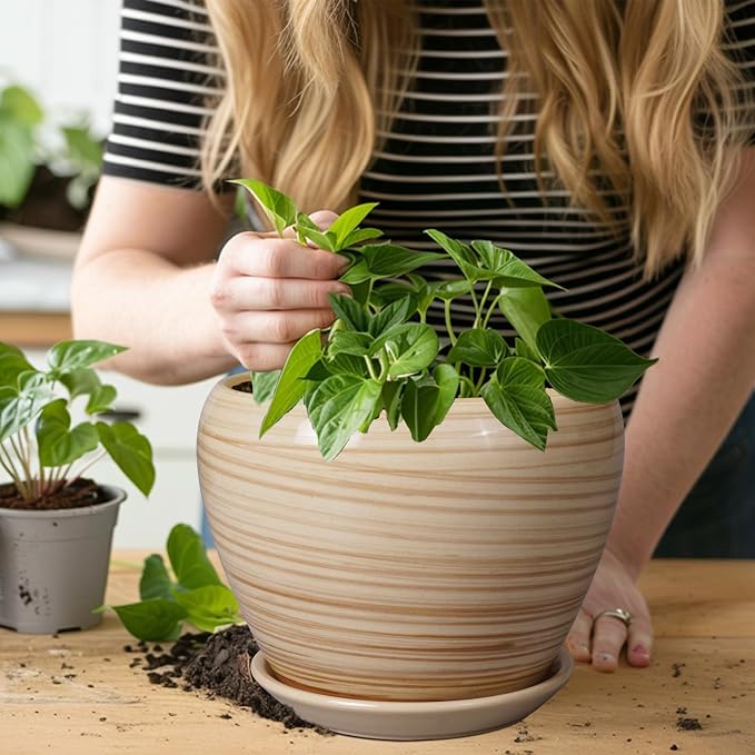 Ceramicfor Planter 8 Inch - Indoor/Outdoor Ceramic Plant Pot With Drainage Hole and Saucer, Round Modern Flower Planter for Succulents, House, Patio - Yellow