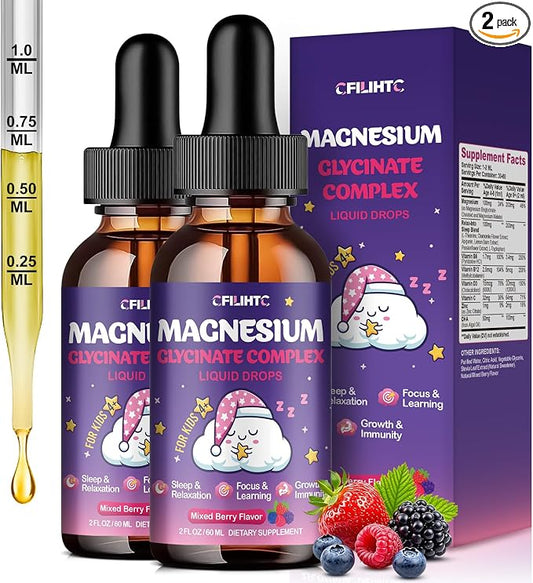 2 Pack Magnesium Glycinate Liquid for Kids - Magnesium Bisglycinate Drops with L-Theanine, Chamomile & Vitamin B6, B12, C, D3 for Sleep, Relaxation, Immune Support, Calm & Focus - 4 Fl Oz, Mixed Berry