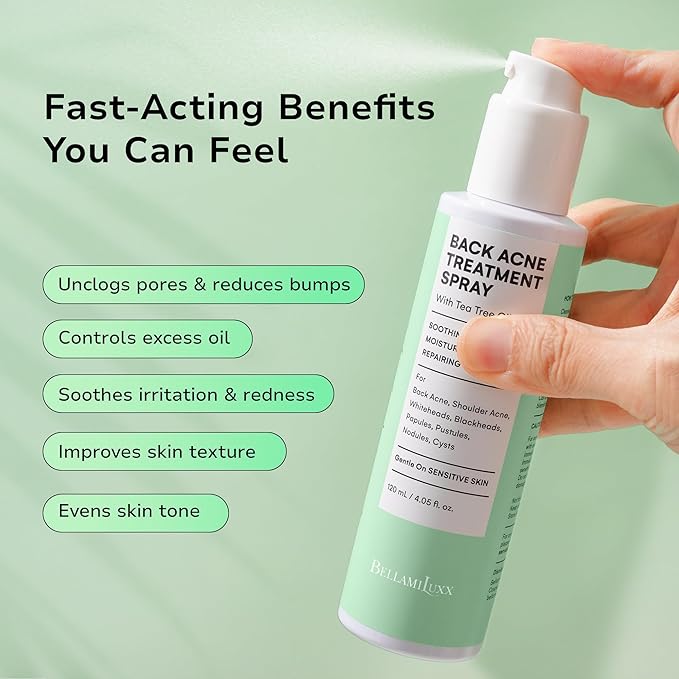 BellamiLuxx Body Acne Care Set: Butt Acne Treatment Lotion + Back & Body Acne Spray with 2% Salicylic Acid & Tea Tree Oil – Clears Breakouts, Soothes Redness & Prevents Bacne for Men, Women & Teens