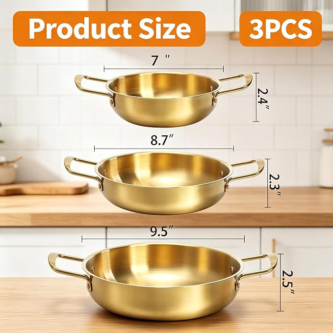 Okllen Set of 3 Korean Ramen Noodle Pot with Handles, Stainless Steel Everyday Pan, Golden Korean Cooking Pot for Soup, Noodle, Pasta, Home and Outdoor, Dishwasher Safe, Size 7", 8.7", 9.5"