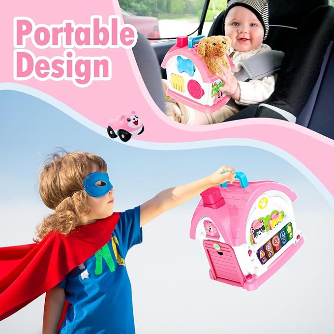 Montessori Toys for 1 2 3 Year Old Girl Gifts, Musical Toy House with Stuffed Puppy, Car, Baby Toys 12-18 Month, Learning Educational Toy for Toddler 1-3, First Birthday Gifts for Girls (Pink)