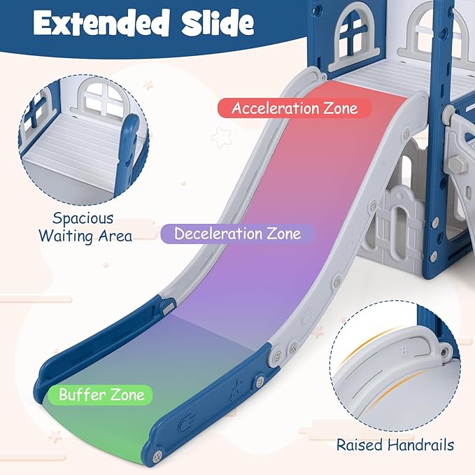BABY JOY Toddler Slide, 6-in-1 Indoor Kids Slide Playset with Basketball Hoop, Telescope, Climbing Ladder & Storage Space, Freestanding Playhouse & Climber for Kids Aged 1-3 (Deep Blue)