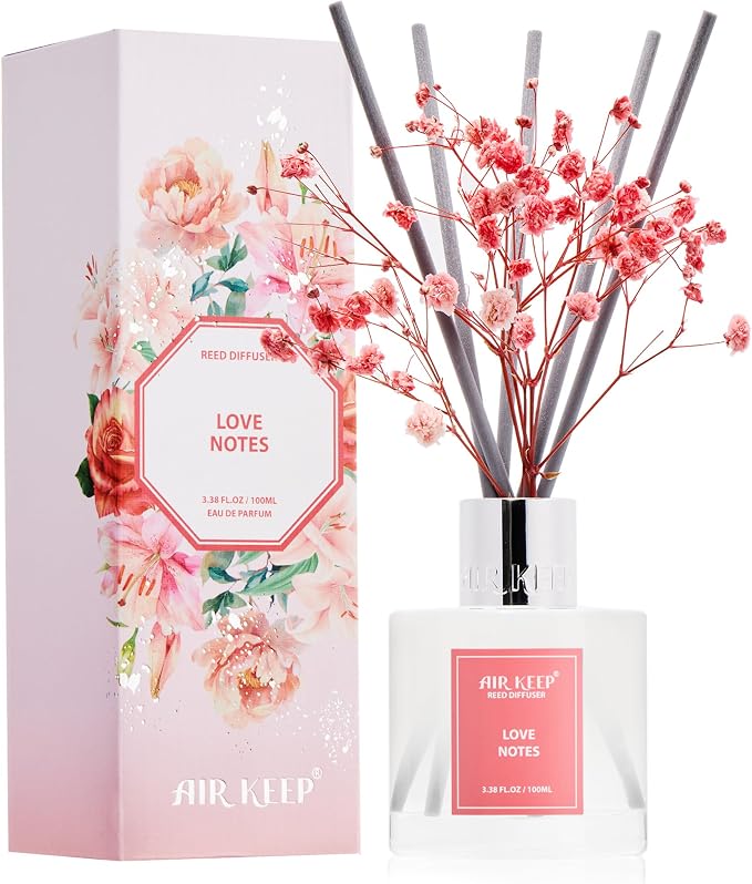 Airkeep Reed Diffuser Set,3.38 fl oz (100 ml) - Love Notes Oil Diffusers with 8 Reed Sticks, Home Fragrance Reed Diffuser for Bathroom Shelf Decor