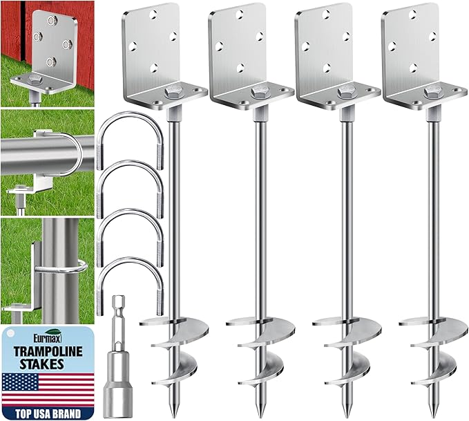 Eurmax USA 4 Pack Heavy Duty Ground Anchors, Rust-Proof L-Shaped Screw-in Spiral Ground Stakes for Trampoline, Shed, Swing Set & Carport,High Wind Resistant Metal Auger Anchors (Silver)