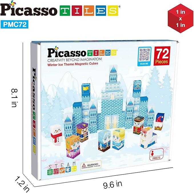 PicassoTiles Magnet Cube Winter Ice Themed Mix and Match Building Block Castle Construction Toy with 7 Magnetic Cubed Character Action Figures STEM Learning Education Sensory Pretend Play Age 3+ PMC72