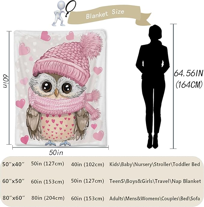 Cute Owl Blanket, Soft Warm Lightweight Animal Flannel Throw Blanket for Couch, Bed, Travel & Outdoor, Cozy Fluffy Fuzzy Blankets for Women Girls, Home Decor 50×40 in