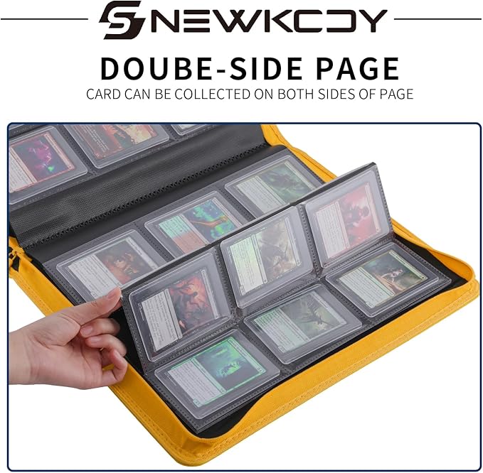Snekdy Top loader Binder, 9 Pockets Top Loader，Holds 360 Top Loaders cards, Card binder with Sleeves for card in 3 x 4 inches color smooth Zipper PU Leather (Yellow)