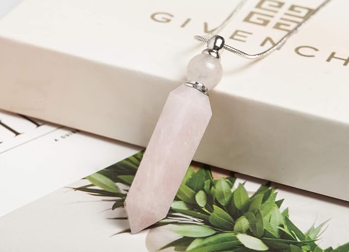 AMOYSTONE 1P Rose Quartz Crystal Perfume Necklace Long Chain Healing Stone Hexagonal Aroma Essential Oil Diffuser Perfume Natural Crystal Bottle Necklace Gifts