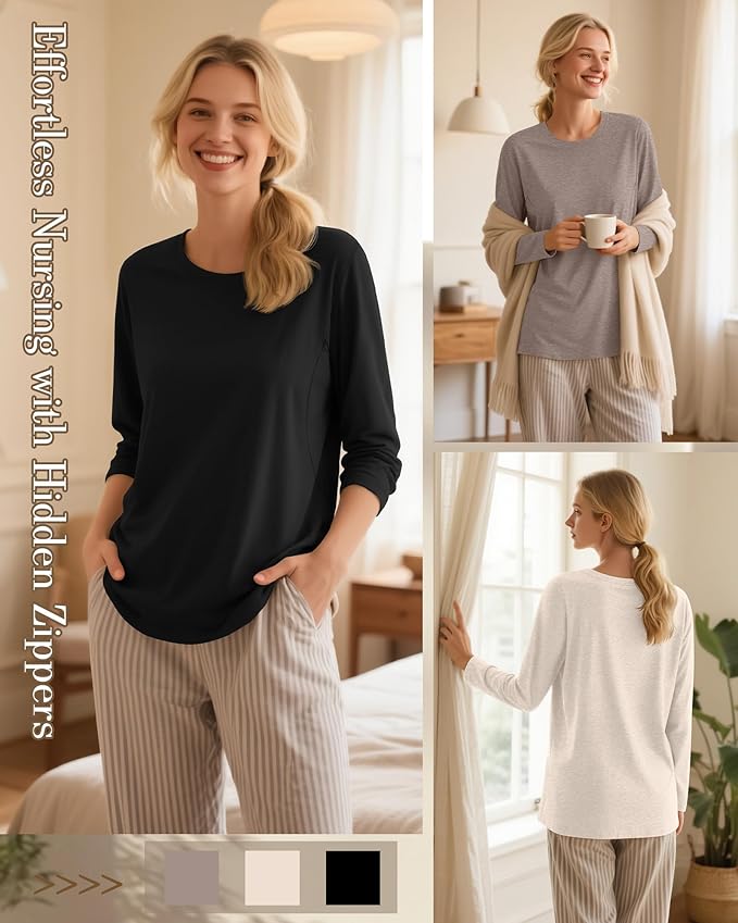 3 Pack Nursing Tops for Breastfeeding Maternity Shirts Zipper Long Sleeve Round Neck Knit Casual Nursing Clothes