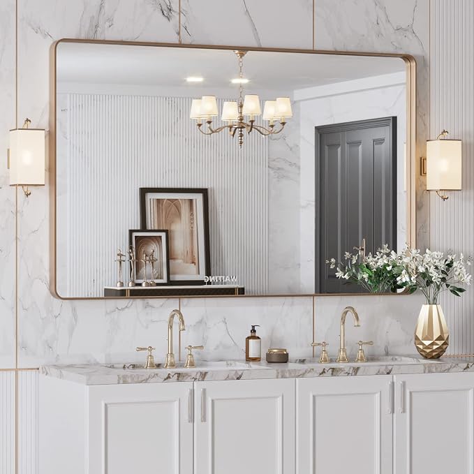 LOAAO 48"X30" Gold Bathroom Mirror | Rounded Rectangle, Brushed Gold Frame, Wall-Mounted, Anti-Rust, Tempered Glass, Hangs Horizontally or Vertically