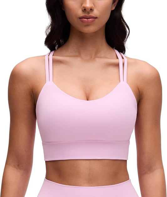CRZ YOGA Softness Mold Butterluxe Strappy Longline Sports Bras for Women - Double Spaghetti Strap Workout Yoga Crop Top