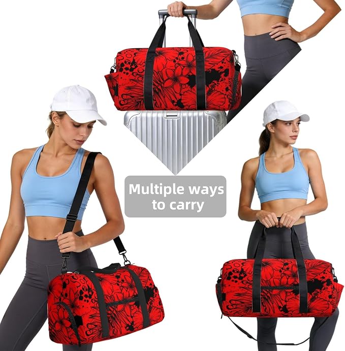 Fiokroo Sports Gym Bag Flowers Red Background Travel Duffel Bag For Men Women With Shoe Compartment Water Resistant Gym Bag Carry On Duffel Bag For Weekend Traveling Yoga Gym Sports