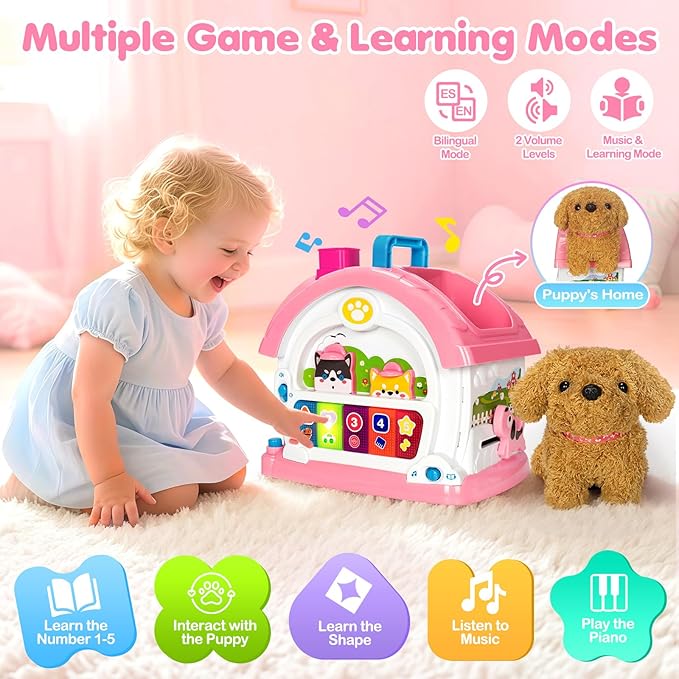 Montessori Toys for 1 2 3 Year Old Girl Gifts, Baby Musical Toys 12-18 Months, 10 in 1 Bilingual Learning Toy with Sound Light, Pretend Toy with Plush Puppy, First Birthday for Toddlers