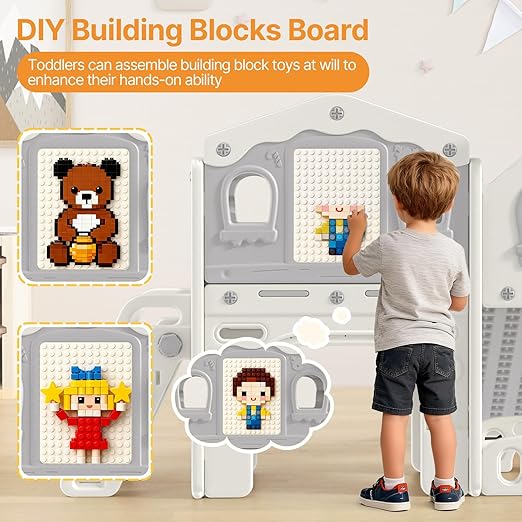 BIERUM 9 in 1 Toddler Slide Set - Baby Slide for Toddlers 1-3 with Colorful Lights, Drawing Board and Building Blocks Board, Indoor Outdoor Toddler Playset Playground, White Gray
