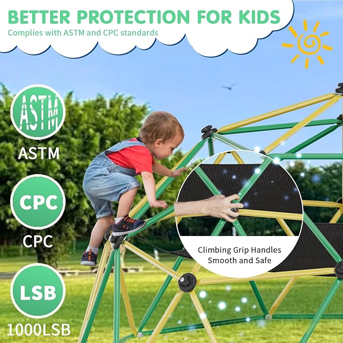 Climbing Dome,10FT Dome Climber with Hammock, Outdoor Jungle Gym for Kids, Supports Jungle Gym up to 1,000 lbs, Rust Resistant, Easy to Assemble, Gift for Kids, Yellow+Blue