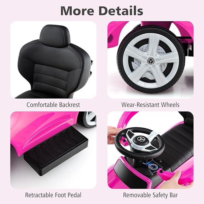 Licensed Mercedes Benz Push Car for Toddlers by INFANS, 3 in 1 Sliding Walking Car with Push Handle, Horn, Music, Underneath Storage, Foot-to-Floor Ride on Toys for Boys Girls, Pink