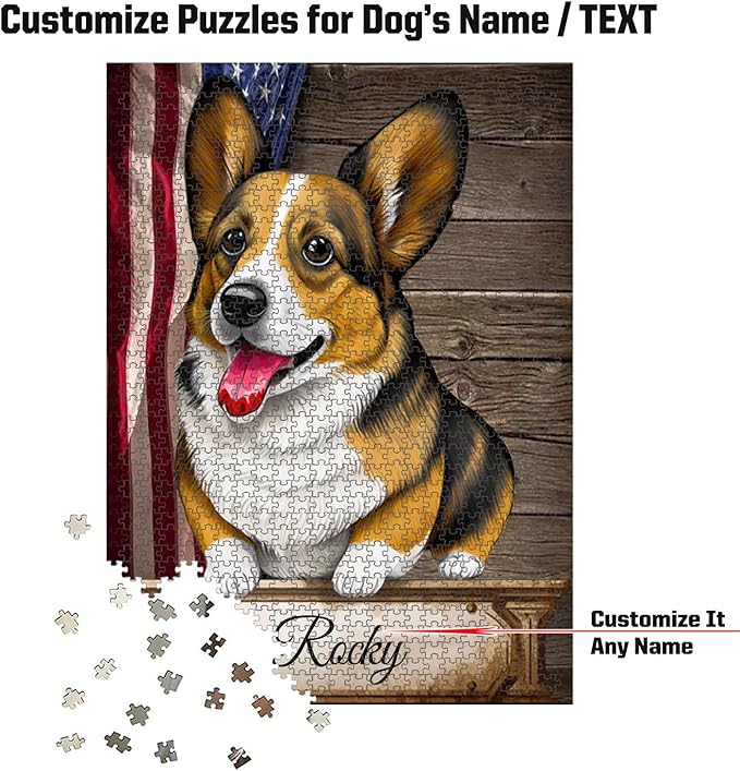Custom Wooden Jigsaw Puzzles with Your Dog's Name on Cardigan Welsh Corgi Art Print - 300 500 1000PCS Puzzles Game and Home Wall Decor