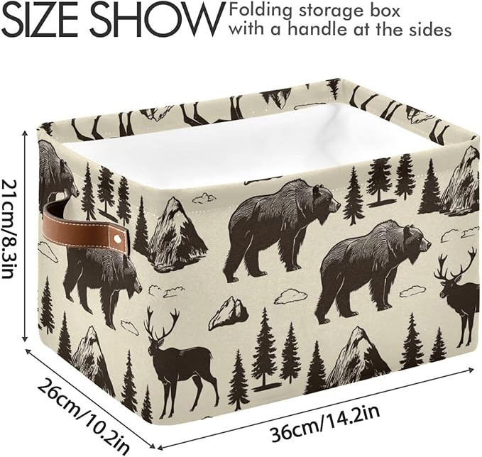 Aslsiy Storage Basket Vintage Deer Bear Moose Nursery Bins National Park Baby Box Canvas Clothes Shelf Basket Laundry Hamper for Home Closet 1 Pcs
