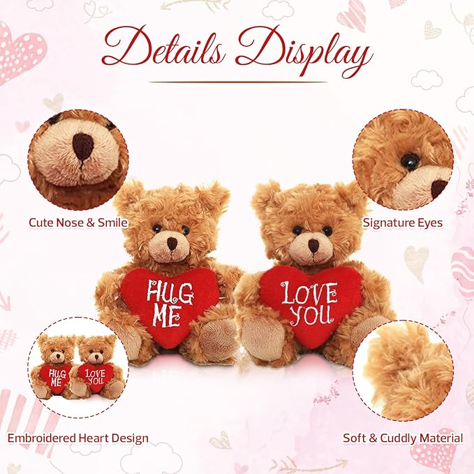 Plush Stuffed Animal Mocha Heart Bear – 2 Pack Hug Me & Love You Bears Set - Plush Toy for Kids & Adults Valentine's Day - Embroidered Red Heart Pillow - (9 inch Brown)
