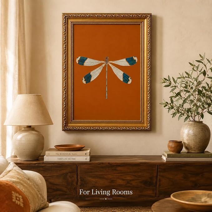 Gold Framed Dragonfly Wall Art,Antique Insect Picture Wall Decor11x9in | Burnt Orange Background Canvas Print Cottagecore For Bedroom, Study,Hallway,Entryway