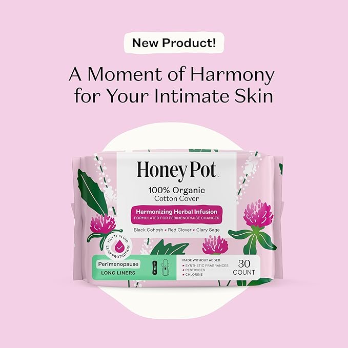 Honey Pot - Perimenopause Long Panty Liners for Women - 100% Organic Cotton Top Sheet - Feminine Care - Multi-Fluid Absorbency - Harmonizing Herbs of Black Cohosh, Clary Sage, & Red Clover - 120ct