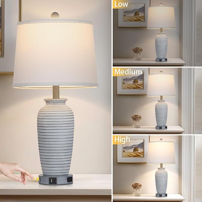 CINSARY 25" Vintage Farmhouse Jar Table Lamps, Single Rustic Bedside Lamp with USB A+C Ports & AC Outlet, Nightstand Lamps for Living Room, Bedroom, End Table, Grey White(LED Bulb Included)