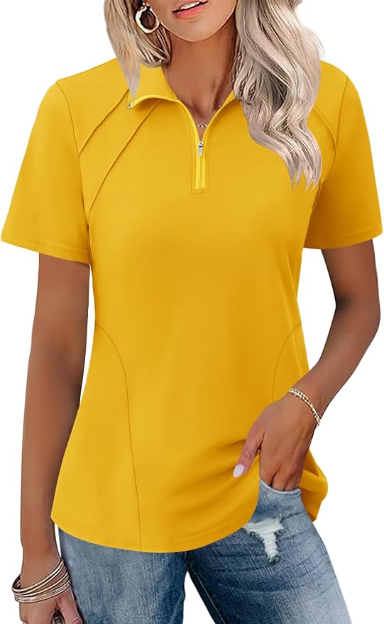 LOMON Womens Golf Polo Shirt Summer Short Sleeve Quarter Zip Outfit | Side-Pockets,Princess Seams,Cotton,Wrinkle Free,Moisture Wicking,Quick-Dry,Lightweight,Collared,for Tennis Workout