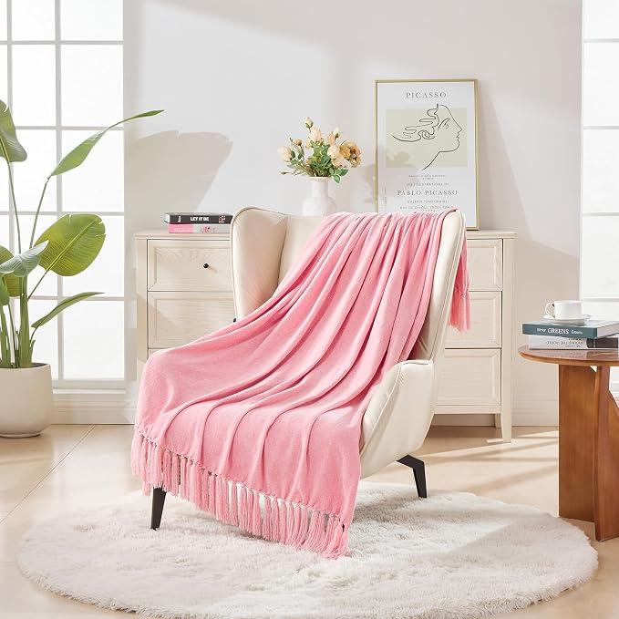 CozeCube Chenille Throw Blanket, Pink Fringe Blanket, 60"X80" | For Couch, Cozy Plush Fuzzy Decorative Blanket with Fringe Tassels, Lightweight Throws for Bed Sofa Gift Home Decor