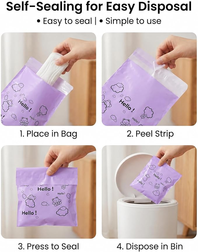 [110 Count] Bynibiny Purple Feminine Hygiene Disposal Bags for Pads | PE Self-Sealing Sanitary Napkin Bags with Adhesive Strip, 29x17cm, Teddy Bear Print, Discreet for Bathroom, Travel, Office