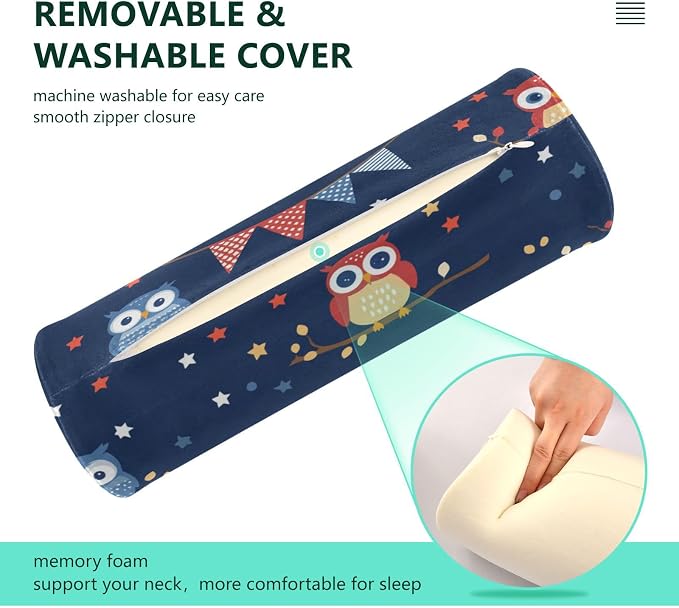 July 4th Owls Branch White Dark Blue Neck Roll Pillow Bolster Round Health Memory Foam Long Cervical Cylinder Pillows with Removable Washable Cover for Body Bed Legs Back Yoga