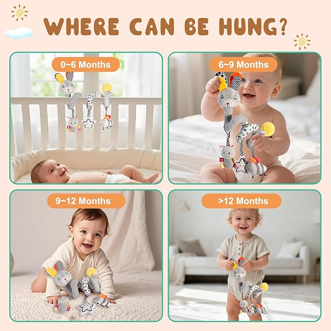 Baby Spiral Activity Toy for Crib Car Seat & Stroller, High Contrast Newborn Sensory Toys 0-12 Months with Soft Plush, Rattle & Crinkle Sounds, Perfect Infant Developmental Gift for Boys & Girls