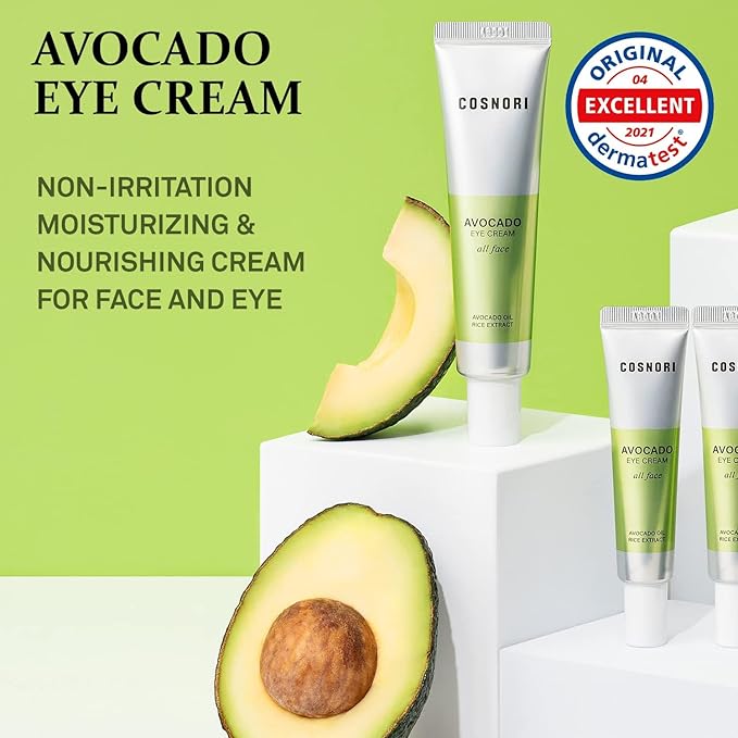COSNORI Avocado Eye Cream - Nourishing Eye and Face Cream - with Organic Avocado and Rice Bran Extract – Korean Skincare – Anti Wrinkle and Depuff – Irritation Free Formula, 1.01 oz.