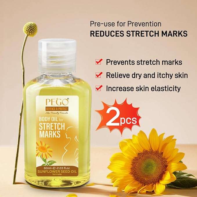 PEGO Stretch Mark Oil for Pregnancy, Maternity Body Oil for Stretch Mark Prevention & Reduction, Hydrating Skin Care, 4.06oz (2Pack)
