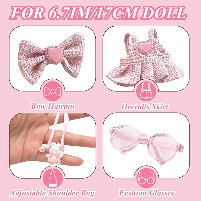6.7in/17cm Doll Clothes Set(NO Doll), 4 Pcs Outfit Set Includes Premium Fashion Dresses & Bow Hairpin & Glasses & Cute Rabbit Charm, Luxury Chic Doll Clothing Accessories