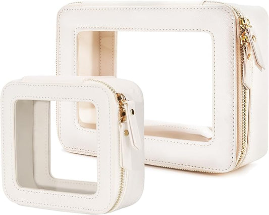 Aveniee Clear Makeup Bag Set (2-Piece Mini & Midi) - Travel Toiletry Organizer for Women, Waterproof Cosmetic Pouch & Car Accessory for Travel Size Toiletries, White