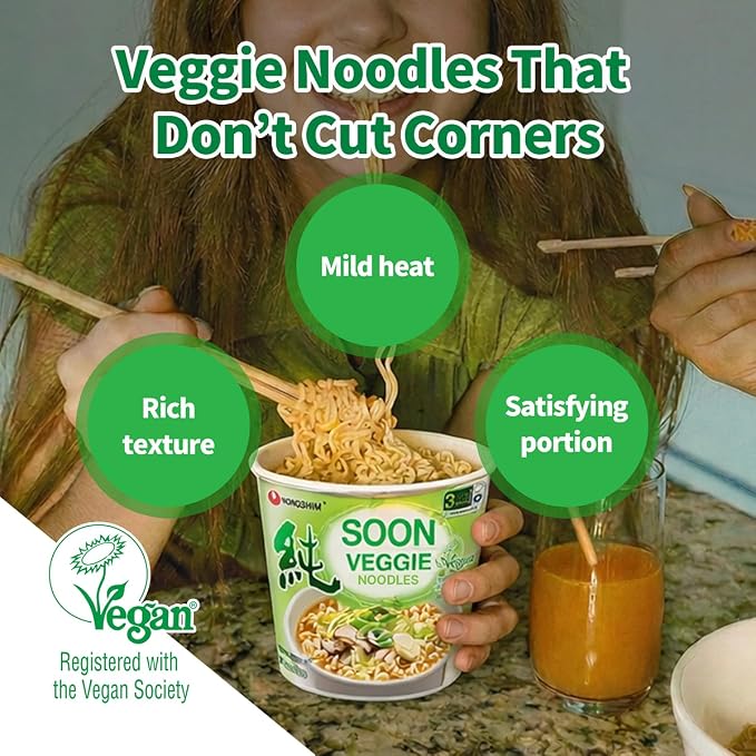 Nongshim Soon Veggie Ramyun Noodles, Signature Korean Instant Ramyun, Vegetable Flavored Broth, Vegan Noodles, Quick & Easy, Microwaveable Cup, 2.64 oz (Pack of 6)