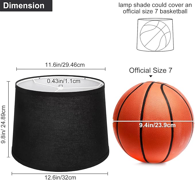 Black Lamp Shades Set of 2, 11.6"Top x 12.6"Bottom x 9.8"High Medium | Drum Lamp Shades for Table Lamps Floor Lamps Wall Lamps, Replacement Lampshades, Spider, Harp Holders Included, Easy Assembly