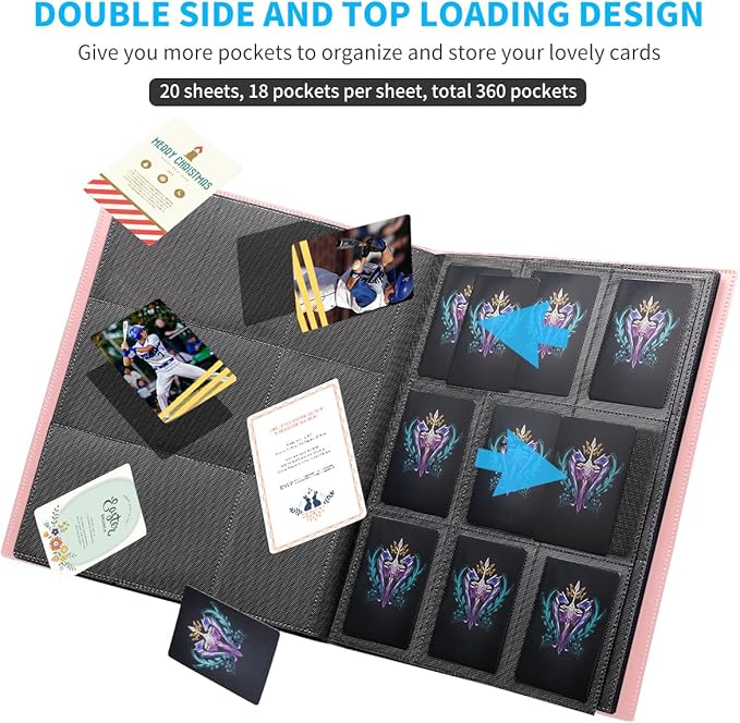 Card Binder, 360 Pockets Upgraded Trading Card Binders, Cards Collection Binder 9 Pocket, Side Loading Yugioh Binder Book Holder for MTG, TCG, Sport, Football, Baseball Collector Cards - Pink
