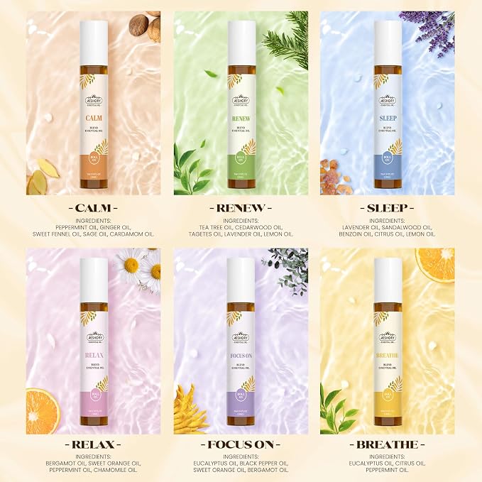 Essential Oils Roll On Set,Gifts for Women & Men (Calm, Relax, Breathe, Focus on, Sleep, Renew), Natural Aromatherapy Oil Blend Kit with Roller Ball for Massage, Body Skin Care, Relaxation Gift