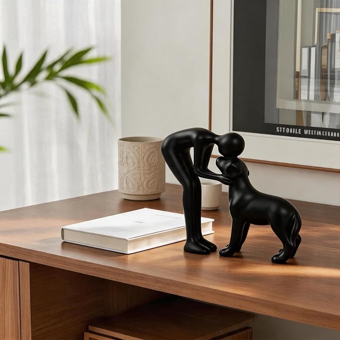 Abstract Person and Dog Sculpture Head-to-Head Figurine Black | abstract sculpture celebrating the bond between person and pet. Intimate head-to-head Touching memory keepsake for dog lovers