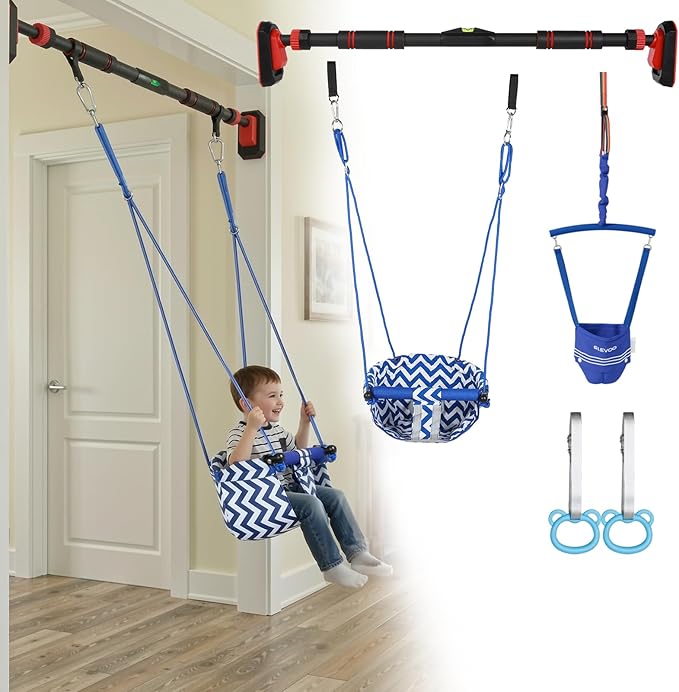Slevoo Kids Doorway Jumper Swing & Pull-Up Bar Gym, Fits 38"-45" Hallway Doorway, 4-in-1 Indoor Exercise & Play Equipment for Toddlers & Kids