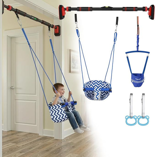 Slevoo Kids Doorway Jumper Swing & Pull-Up Bar Gym, Fits 38"-45" Hallway Doorway, 4-in-1 Indoor Exercise & Play Equipment for Toddlers & Kids