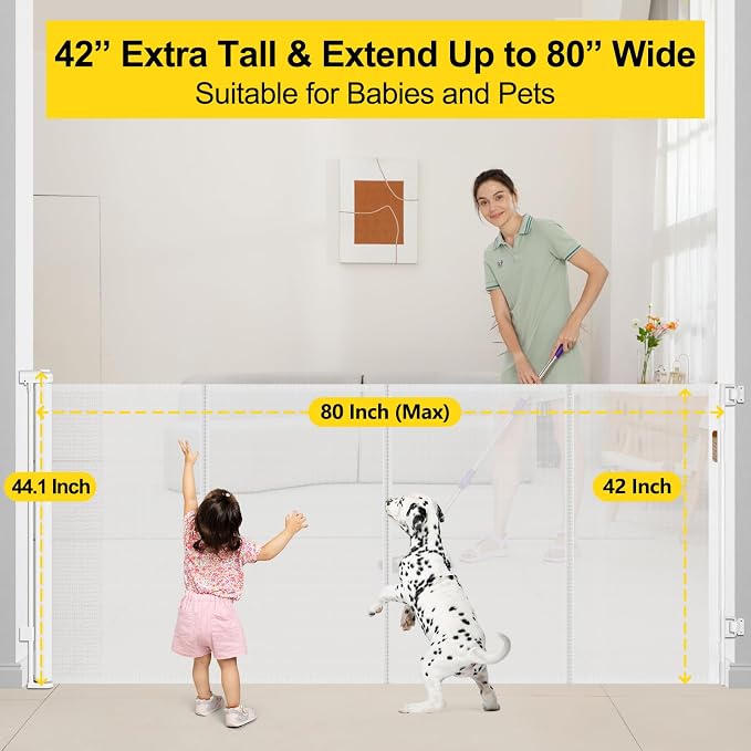 Reinforced 42” Extra Tall x 80” Wide Retractable Baby Gates with Rods to Prevent Crawling Through, Extra Tall Dog Gate for Large Openings Indoor Outdoor Long Mesh Gate for Stairs and Doorways, White