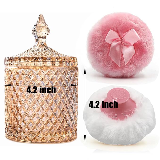 Luxury 4.2 Inch Glass Powder Container with 2 Plush Puffs｜Non-Sealed Refillable Organizer for Body Powder&Makeup｜Setting Powder Applicator w/Loose Powder Storage(Pointed Cylinder-Amber-Large)