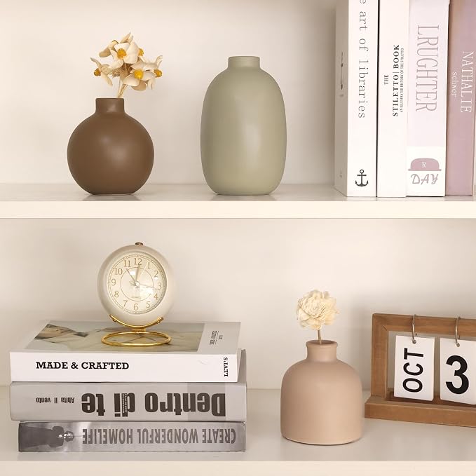 CUCUMI Ceramic Vase Set of 5, Home Decor Farmhouse Décor Handmade | Pottery Vases for Pampas Grass, Dried Fresh Flowers, Table, Living Room, Kitchen, Shelf, Entryway Mantel Neutral Tones