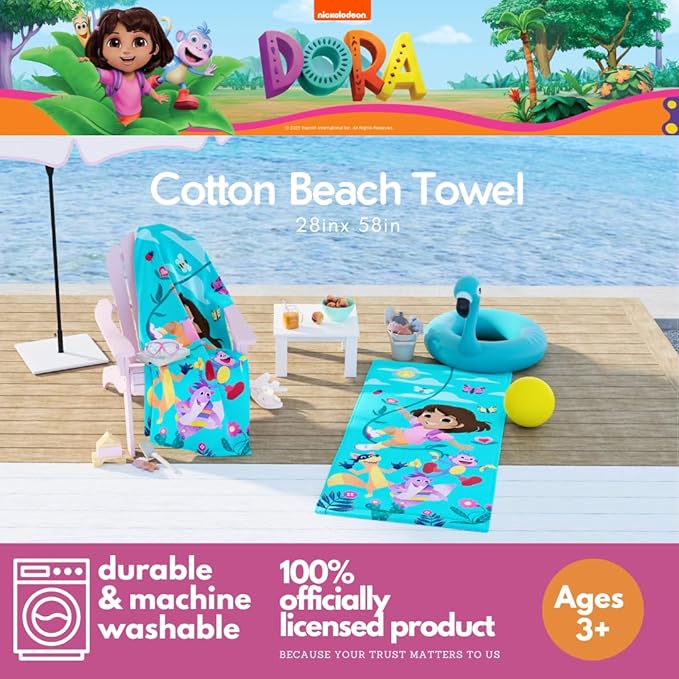 Dora The Explorer Kids Super Soft Cotton Bath/Pool/Beach Towel, 58 in x 28 in, (Offically Licensed Product) by Franco